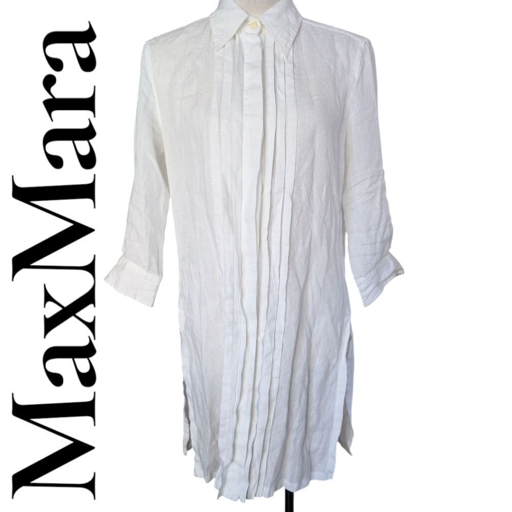 MaxMara White Pure Linen Tuxedo Style Tunic Shirt Medium